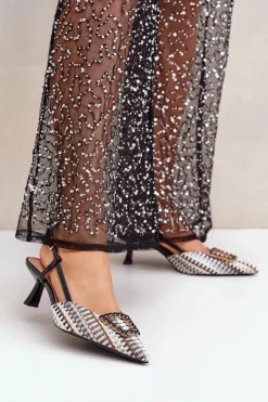 Czółenka Klasyczne>Boto Szpilki Z Ozdobą I Odkrytą Piętą Czarne Teminora