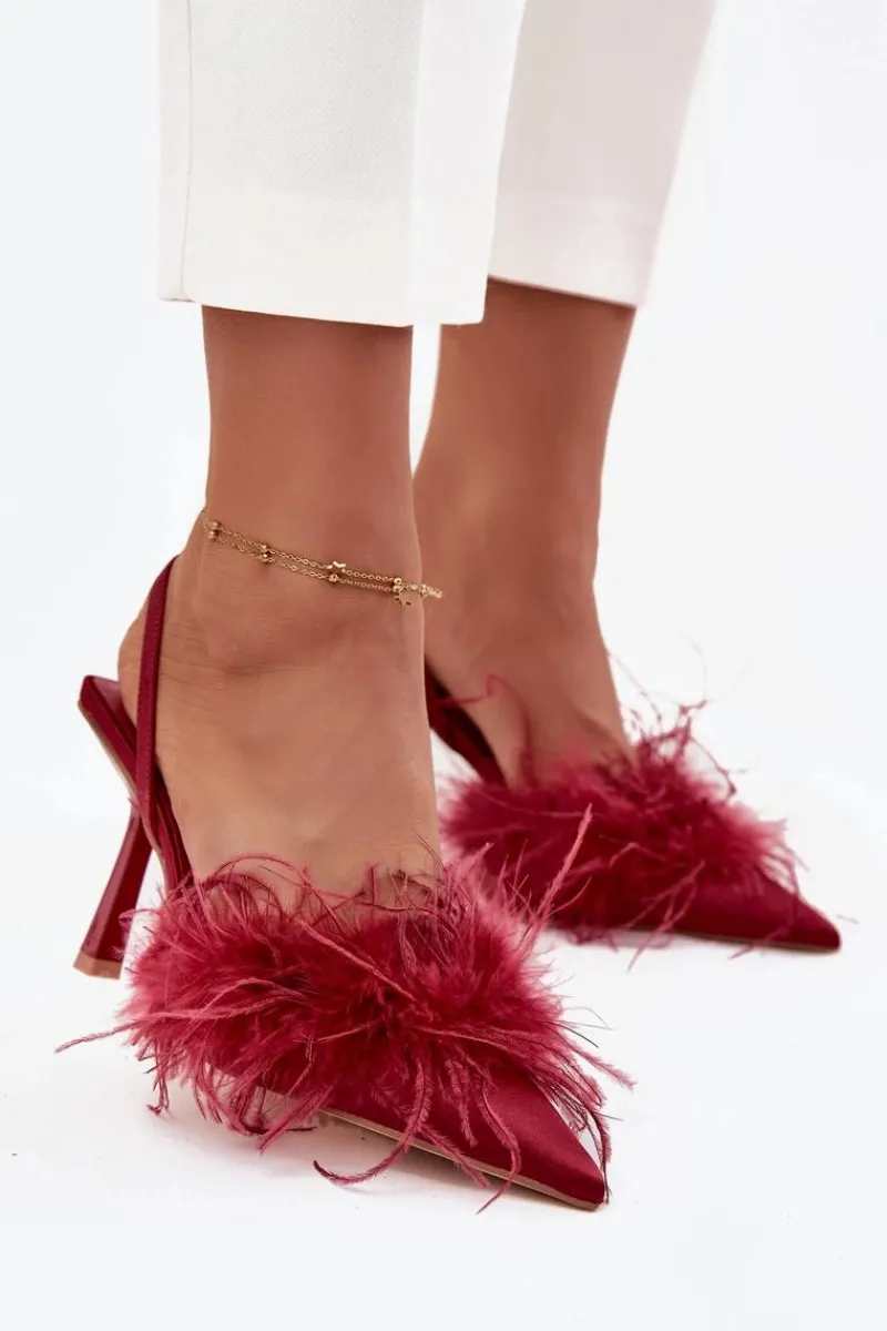 Outlet Boto Szpilki Z Piórami I Odkrytą Piętą Bordowe Belice Czerwony