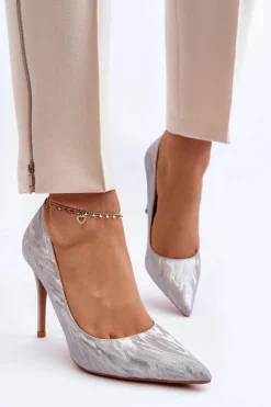 Best Szpilki Zdobione Brokatem Srebrne Klonisa Damskie Czółenka Klasyczne