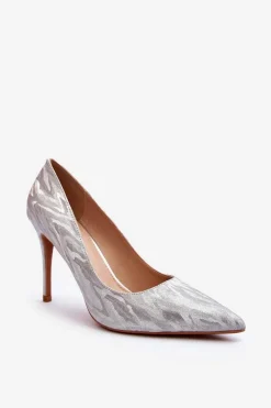 Best Szpilki Zdobione Brokatem Srebrne Klonisa Damskie Czółenka Klasyczne