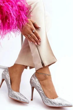 Best Szpilki Zdobione Brokatem Srebrne Klonisa Damskie Czółenka Klasyczne