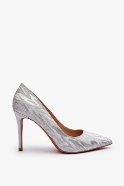 Best Szpilki Zdobione Brokatem Srebrne Klonisa Damskie Czółenka Klasyczne