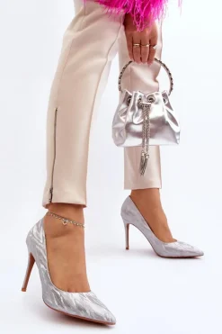 Best Szpilki Zdobione Brokatem Srebrne Klonisa Damskie Czółenka Klasyczne