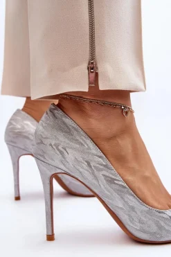 Best Szpilki Zdobione Brokatem Srebrne Klonisa Damskie Czółenka Klasyczne