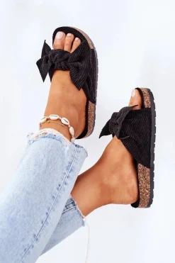 New Sztruksowe Klapki Na Korku Czarne Summertime Damskie Klapki Korkowe|Klapki Damskie Klasyczne