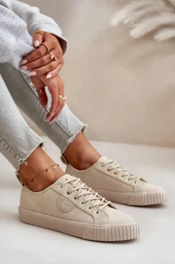 Online Sztruksowe Trampki Damskie Ocieplane Big Star OO274812 Hi-Poly System Beżowe Damskie Trampki Damskie Big Star|Trampki Damskie Niskie