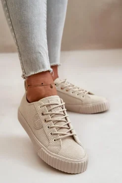 Online Sztruksowe Trampki Damskie Ocieplane Big Star OO274812 Hi-Poly System Beżowe Damskie Trampki Damskie Big Star|Trampki Damskie Niskie