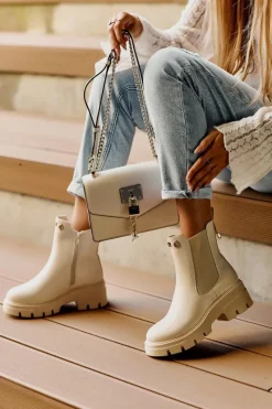 Outlet Sztyblety Botki Damskie Skórzane Z Ozdobami Jasnobeżowe Lobb Damskie Brązowe I Beżowe Botki|Botki Płaskie