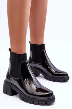 Boto Sztyblety Botki Lakierowane Damskie Czarne Cirie