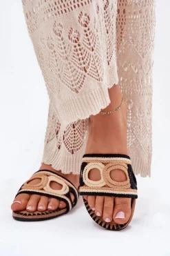 Best Szydełkowe Klapki Damskie Na Płaskim Obcasie Czarne Nirina Damskie Klapki Damskie Klasyczne