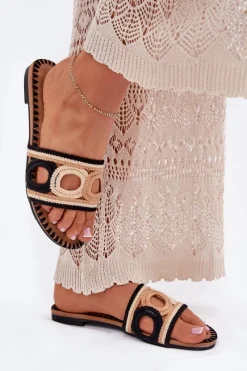 Best Szydełkowe Klapki Damskie Na Płaskim Obcasie Czarne Nirina Damskie Klapki Damskie Klasyczne