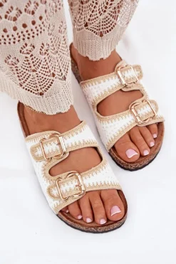 Klapki Korkowe|Klapki Na Platformie>Boto Szydełkowe Klapki Damskie Ze Złotymi Klamrami Białe Fenira