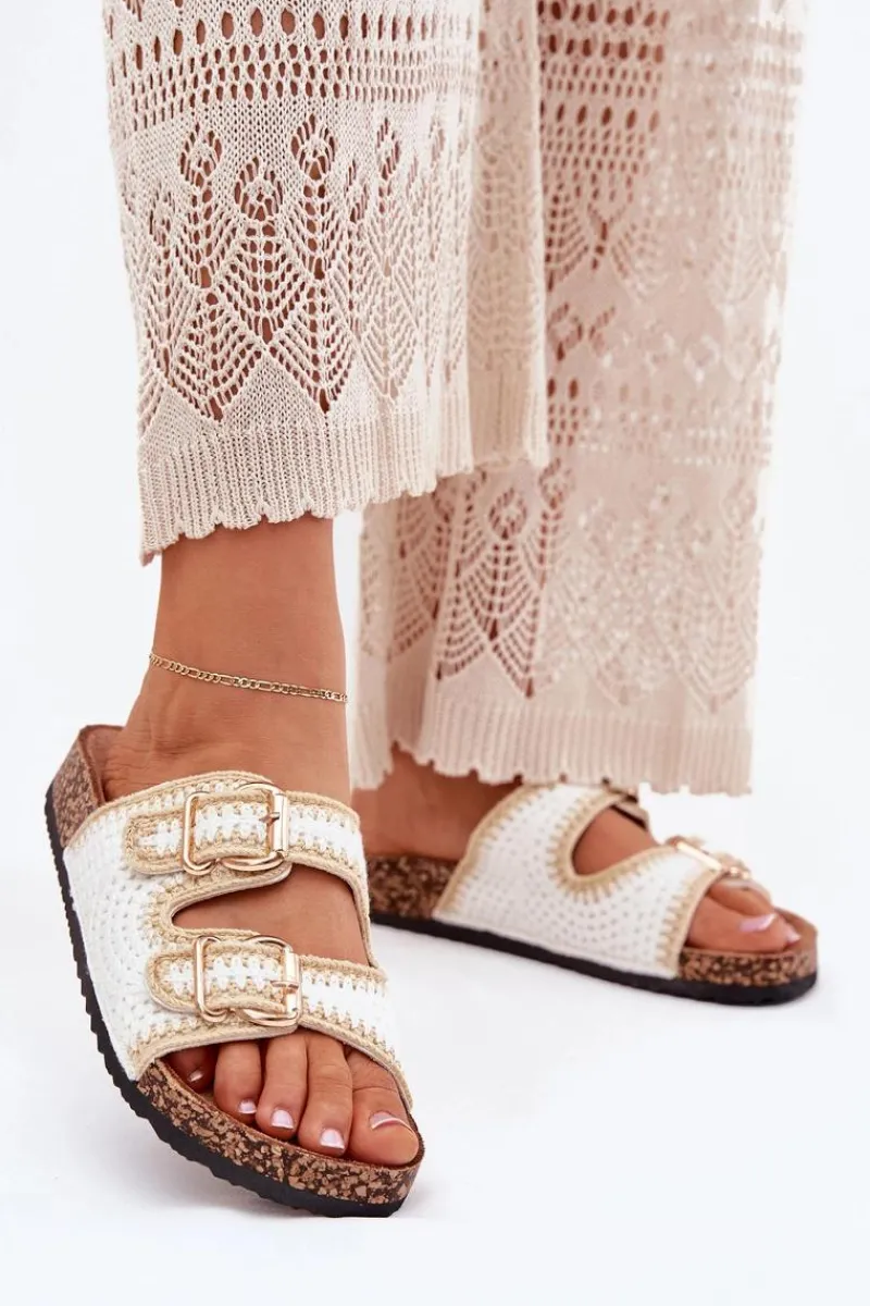 Klapki Korkowe|Klapki Na Platformie>Boto Szydełkowe Klapki Damskie Ze Złotymi Klamrami Białe Fenira