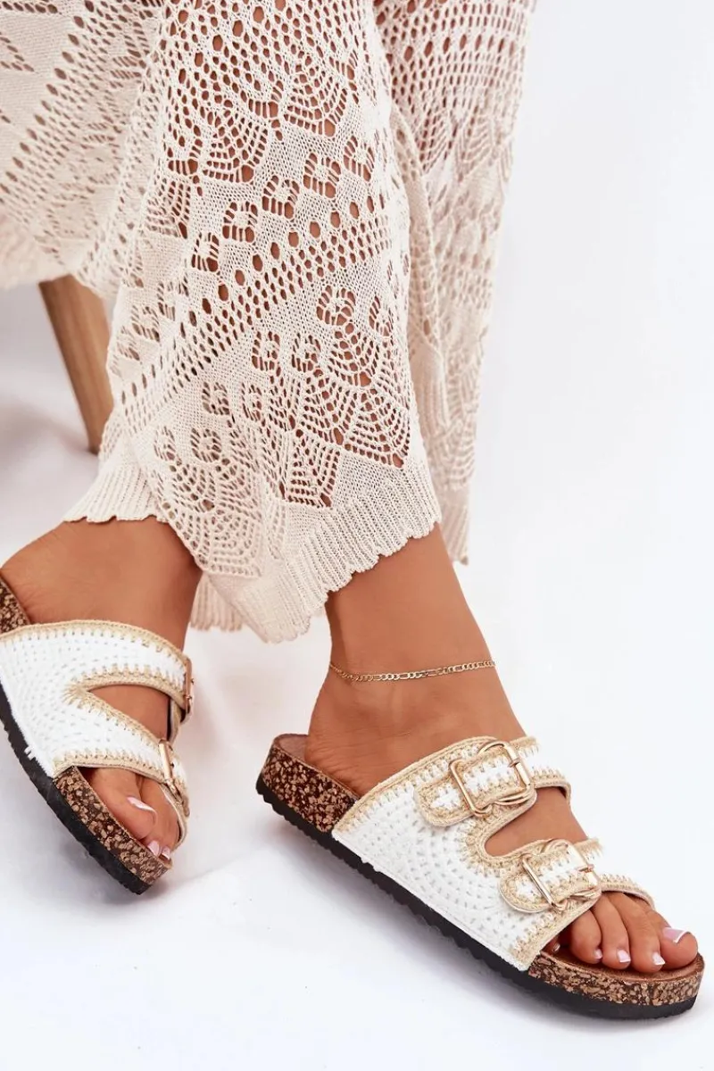 Klapki Korkowe|Klapki Na Platformie>Boto Szydełkowe Klapki Damskie Ze Złotymi Klamrami Białe Fenira