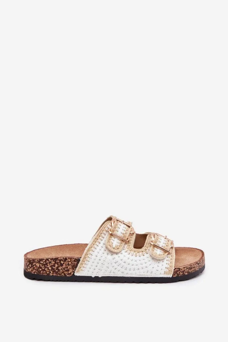 Klapki Korkowe|Klapki Na Platformie>Boto Szydełkowe Klapki Damskie Ze Złotymi Klamrami Białe Fenira