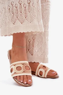 New Boto Szydełkowe Klapki Damskie Na Płaskim Obcasie Beżowe Nirina Beżowy