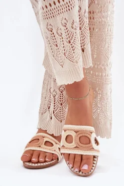 New Boto Szydełkowe Klapki Damskie Na Płaskim Obcasie Beżowe Nirina Beżowy