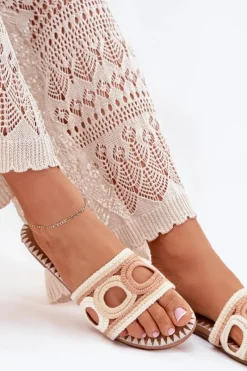 New Boto Szydełkowe Klapki Damskie Na Płaskim Obcasie Beżowe Nirina Beżowy
