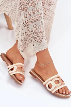 New Boto Szydełkowe Klapki Damskie Na Płaskim Obcasie Beżowe Nirina Beżowy