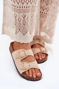 Klapki Korkowe|Klapki Na Platformie>Boto Szydełkowe Klapki Damskie Ze Złotymi Klamrami Beżowe Fenira Beżowy