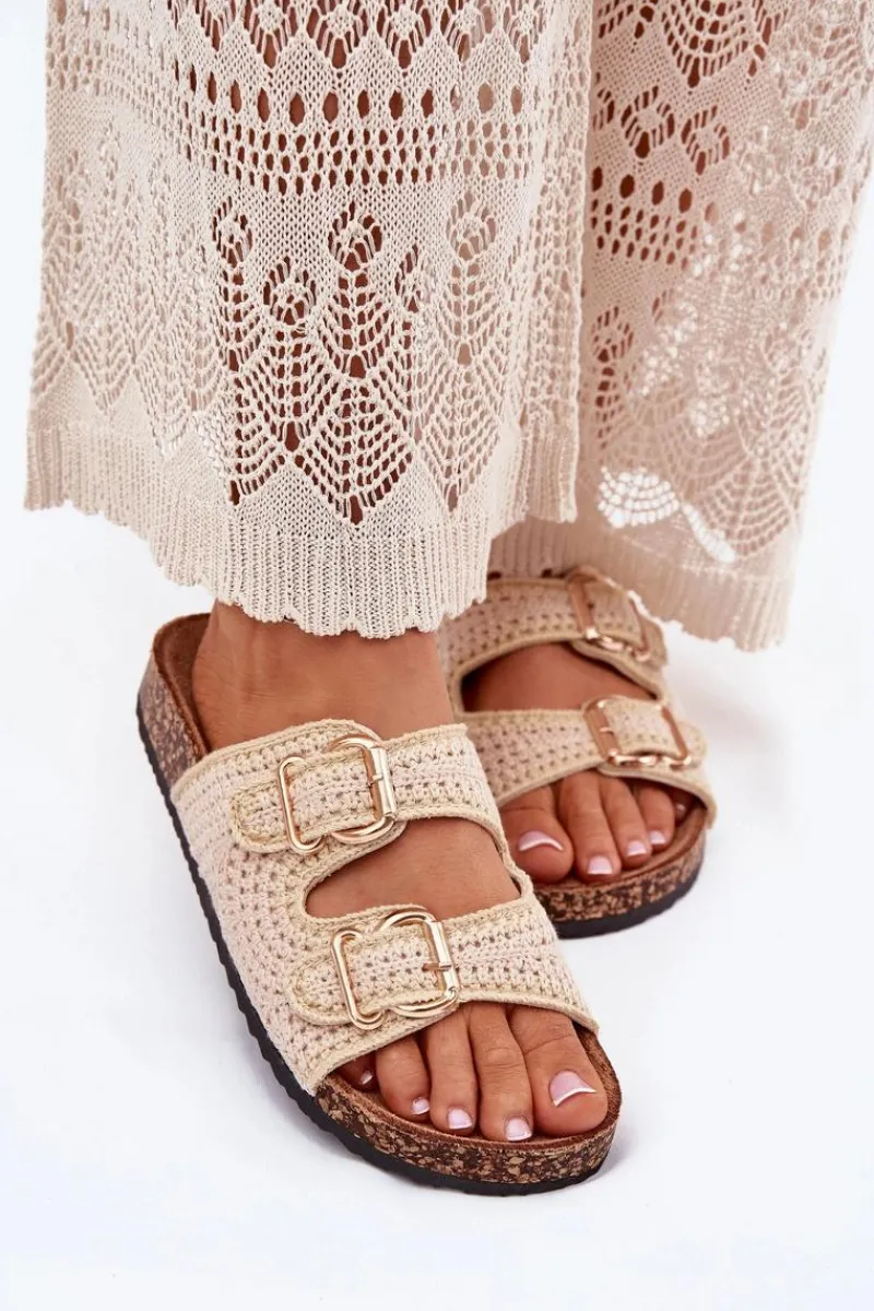 Klapki Korkowe|Klapki Na Platformie>Boto Szydełkowe Klapki Damskie Ze Złotymi Klamrami Beżowe Fenira Beżowy