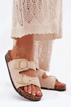 Klapki Korkowe|Klapki Na Platformie>Boto Szydełkowe Klapki Damskie Ze Złotymi Klamrami Beżowe Fenira Beżowy