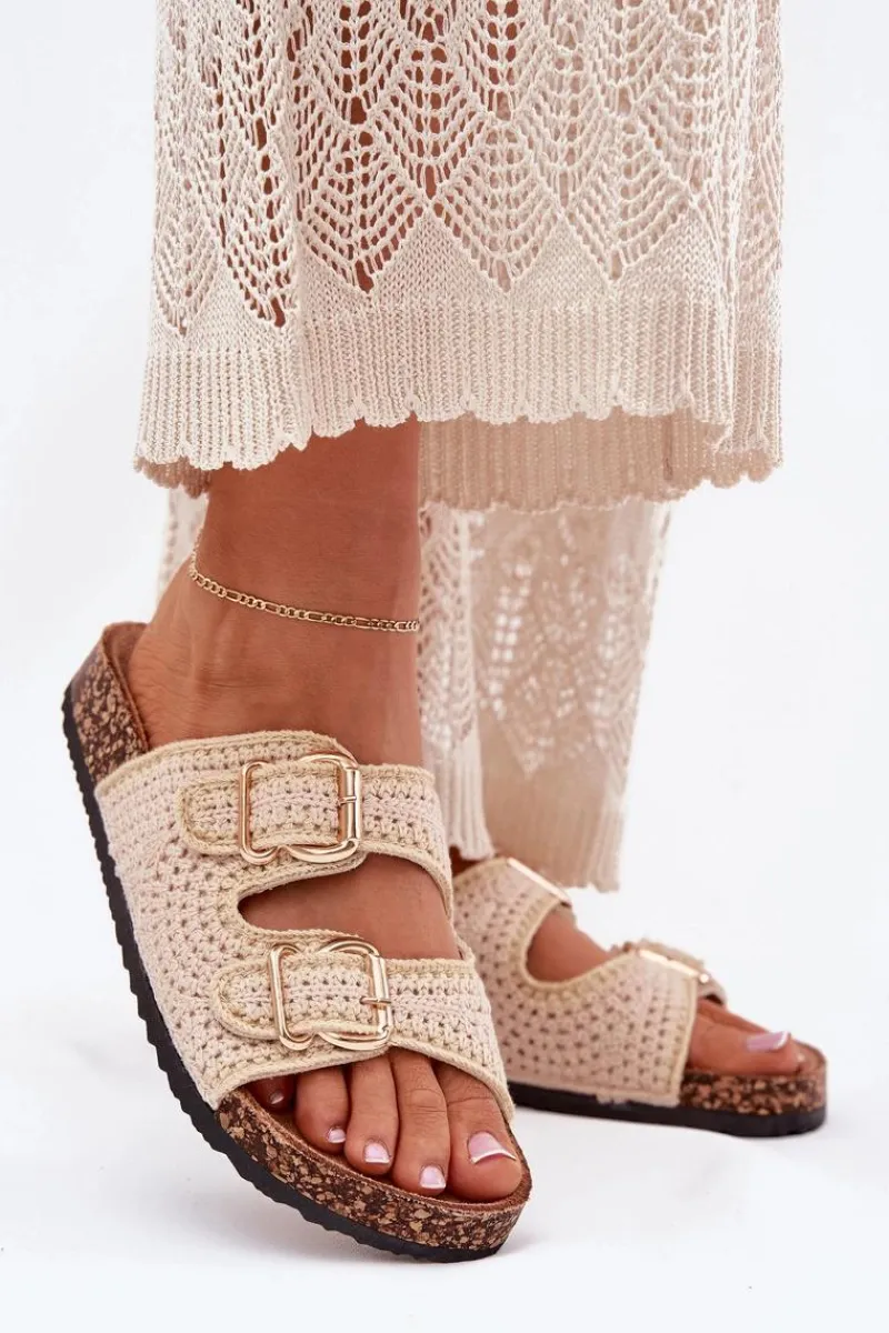 Klapki Korkowe|Klapki Na Platformie>Boto Szydełkowe Klapki Damskie Ze Złotymi Klamrami Beżowe Fenira Beżowy