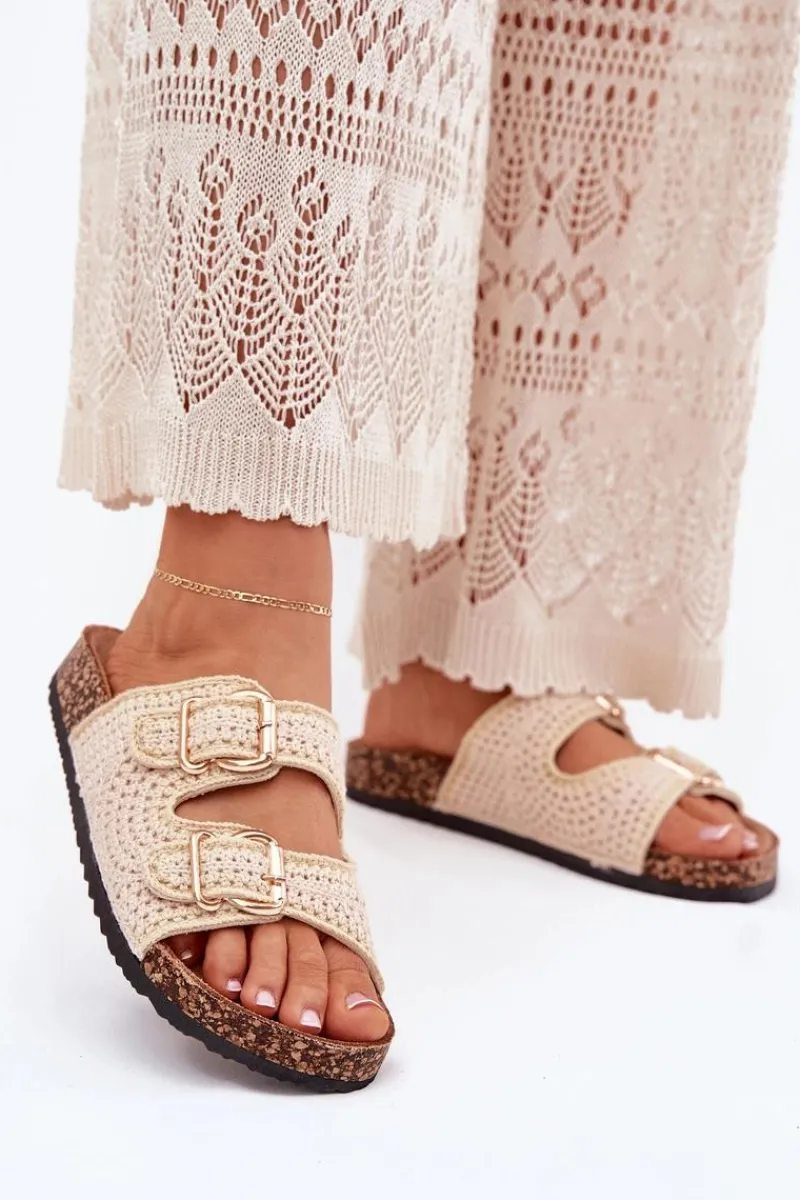 Klapki Korkowe|Klapki Na Platformie>Boto Szydełkowe Klapki Damskie Ze Złotymi Klamrami Beżowe Fenira Beżowy