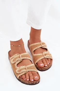 Best Szydełkowe Klapki Damskie Ze Złotymi Klamrami Camel Fenira Damskie Klapki Korkowe|Klapki Na Platformie