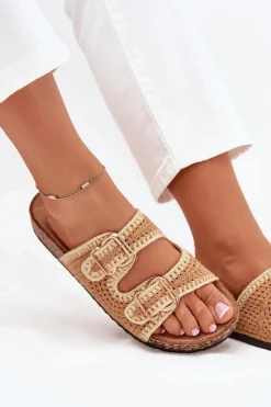 Best Szydełkowe Klapki Damskie Ze Złotymi Klamrami Camel Fenira Damskie Klapki Korkowe|Klapki Na Platformie