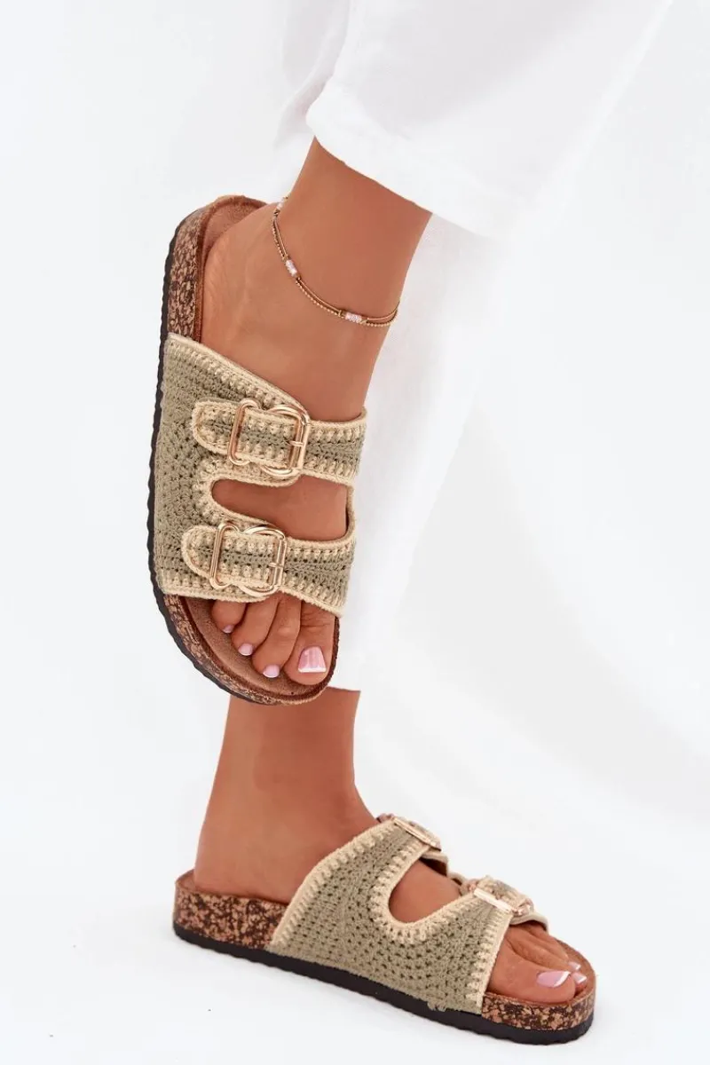 Klapki Korkowe|Klapki Na Platformie>Boto Szydełkowe Klapki Damskie Ze Złotymi Klamrami Zielone Fenira Zielony