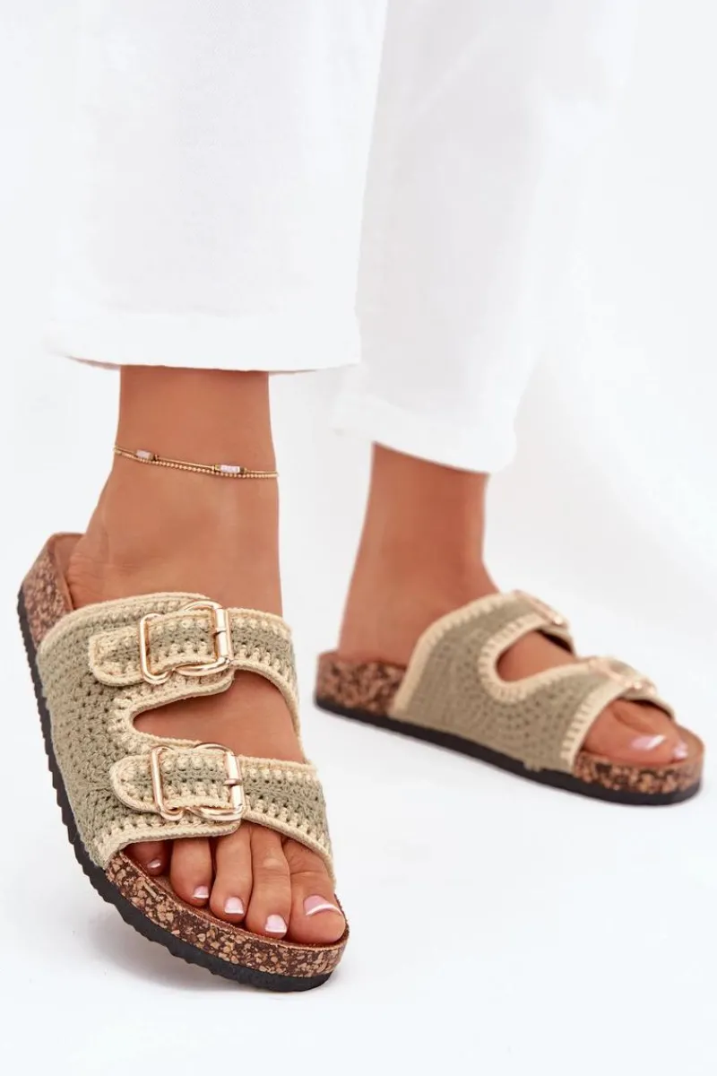 Klapki Korkowe|Klapki Na Platformie>Boto Szydełkowe Klapki Damskie Ze Złotymi Klamrami Zielone Fenira Zielony