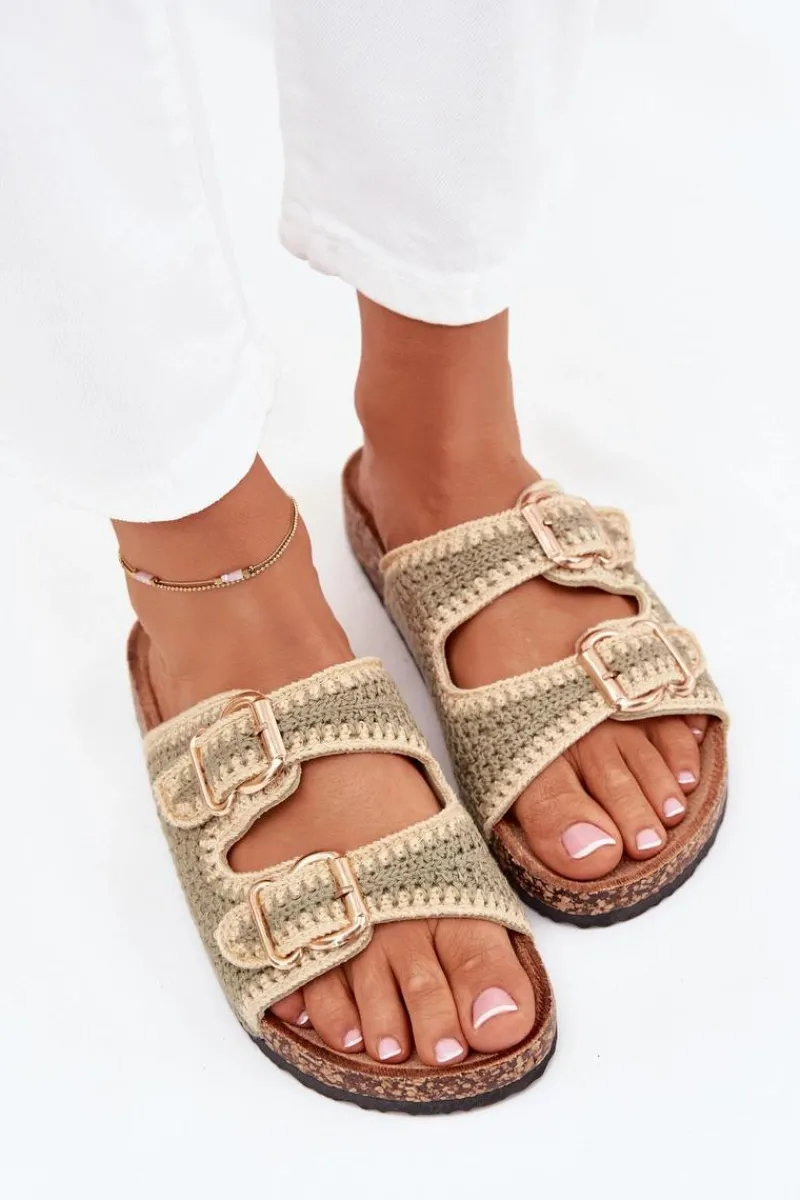 Klapki Korkowe|Klapki Na Platformie>Boto Szydełkowe Klapki Damskie Ze Złotymi Klamrami Zielone Fenira Zielony