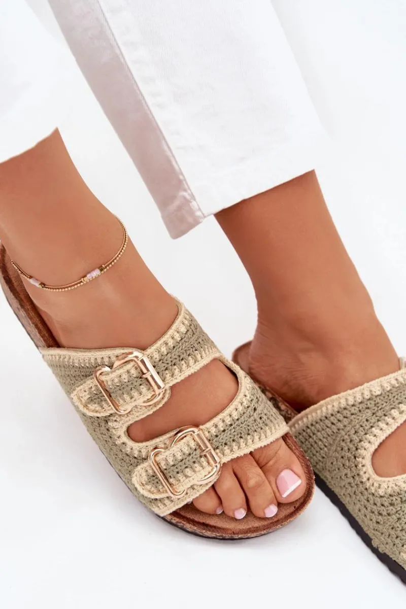 Klapki Korkowe|Klapki Na Platformie>Boto Szydełkowe Klapki Damskie Ze Złotymi Klamrami Zielone Fenira Zielony