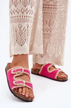 Best Szydełkowe Klapki Damskie Ze Złotymi Klamrami Fuksja Fenira Damskie Klapki Korkowe|Klapki Na Platformie