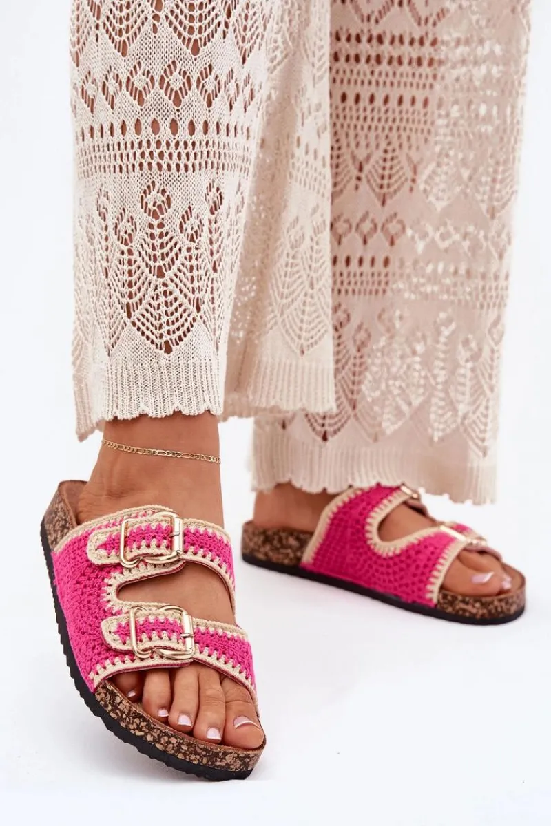 Best Szydełkowe Klapki Damskie Ze Złotymi Klamrami Fuksja Fenira Damskie Klapki Korkowe|Klapki Na Platformie