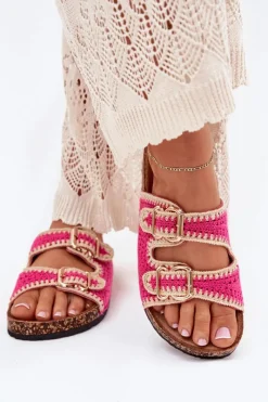 Best Szydełkowe Klapki Damskie Ze Złotymi Klamrami Fuksja Fenira Damskie Klapki Korkowe|Klapki Na Platformie