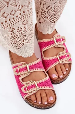 Best Szydełkowe Klapki Damskie Ze Złotymi Klamrami Fuksja Fenira Damskie Klapki Korkowe|Klapki Na Platformie