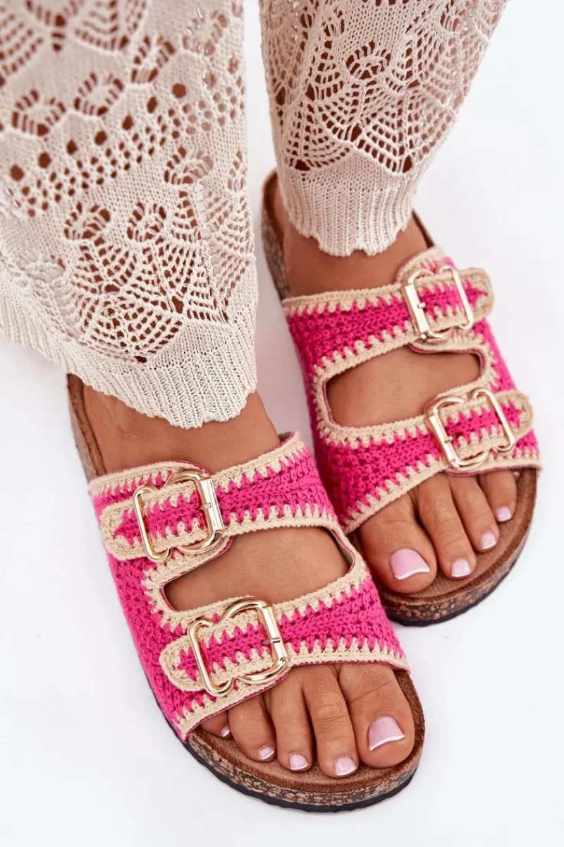 Best Szydełkowe Klapki Damskie Ze Złotymi Klamrami Fuksja Fenira Damskie Klapki Korkowe|Klapki Na Platformie