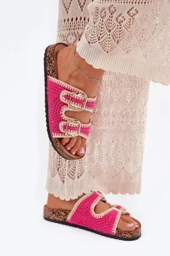 Best Szydełkowe Klapki Damskie Ze Złotymi Klamrami Fuksja Fenira Damskie Klapki Korkowe|Klapki Na Platformie