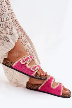 Best Szydełkowe Klapki Damskie Ze Złotymi Klamrami Fuksja Fenira Damskie Klapki Korkowe|Klapki Na Platformie