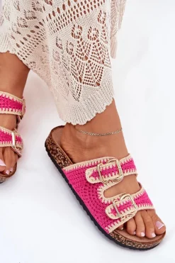 Best Szydełkowe Klapki Damskie Ze Złotymi Klamrami Fuksja Fenira Damskie Klapki Korkowe|Klapki Na Platformie