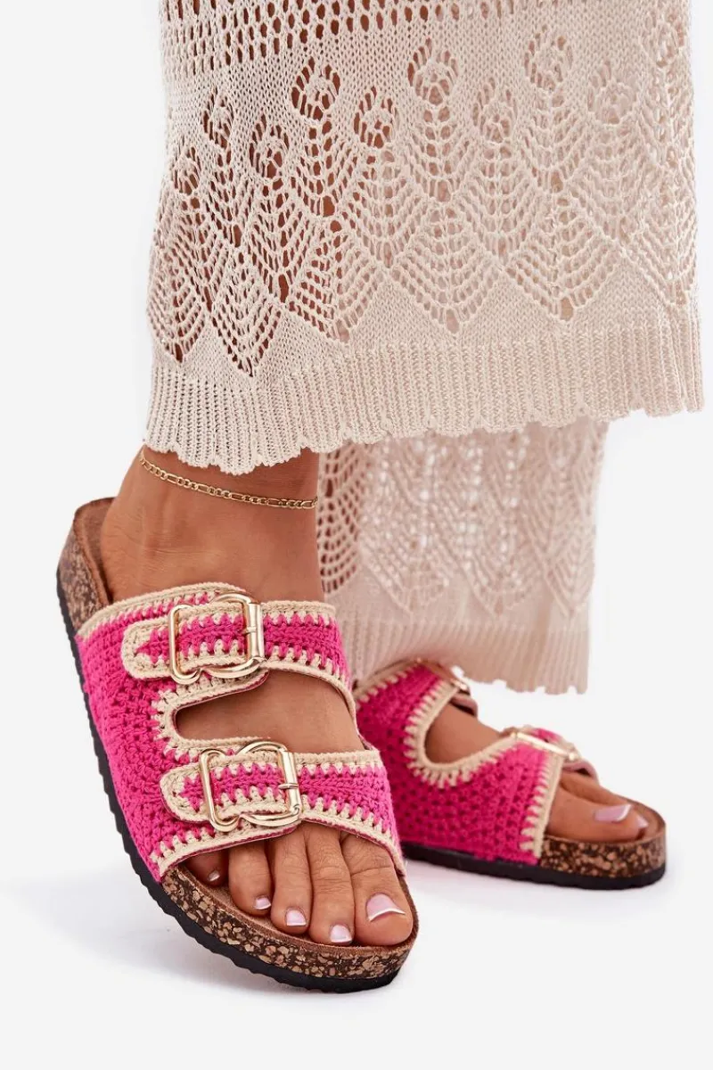 Best Szydełkowe Klapki Damskie Ze Złotymi Klamrami Fuksja Fenira Damskie Klapki Korkowe|Klapki Na Platformie