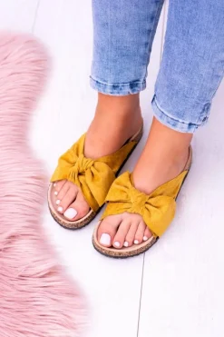 New Żółte Damskie Klapki Z Kokardami Na Korku Sunshine Damskie Klapki Korkowe|Klapki Damskie Klasyczne