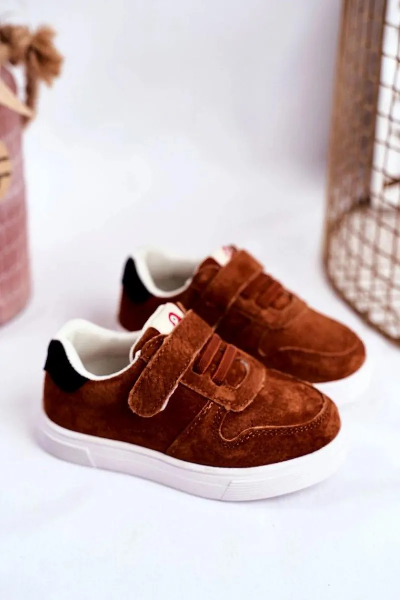 Chłopięce|Dziewczęce>Boto Tenisówki Dziecięce na Rzepy Zamszowe Brązowe Trelmo
