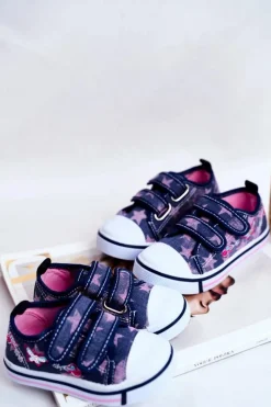 Online Tenisówki Dziecięce na Rzepy Granatowe Junalo Dzieci Dziewczęce