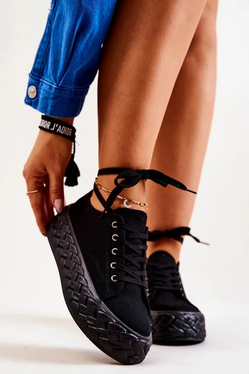 Trampki Damskie Niskie>Boto Tenisówki Na Masywnej Platformie Czarne Suzane