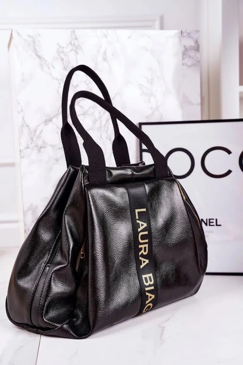 Torba Shopper Na Ramię LAURA BIAGGI Czarna Lakierowana Torebki Klasyczne