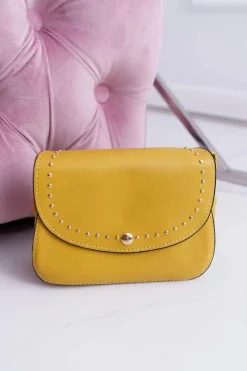 Clearance Torebka Damska Mała Kuferek Złote Nity Zółta Torebki Kuferki