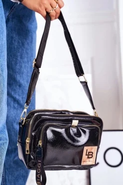 New Torebka Listonoszka Kuferek LAURA BIAGGI Lakierowana Czarna Torebki Klasyczne|Listonoszki